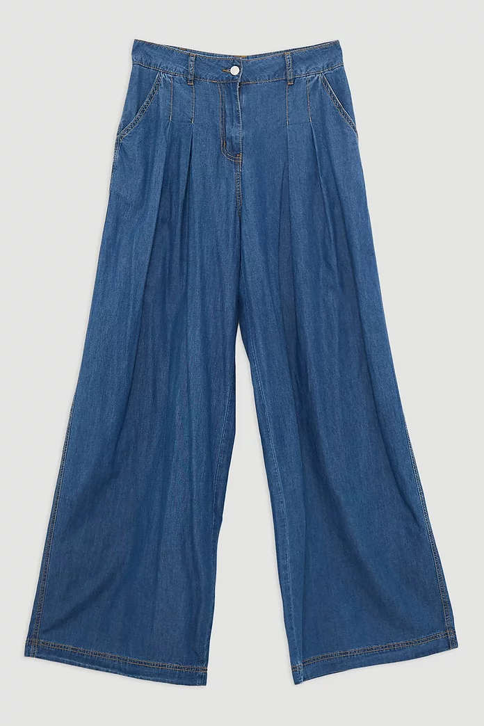 Tailored Chambray Denim Straight Leg Pleated Pants | Karen Tailored Chambray Denim Straight Leg Pleated Pants | Karen